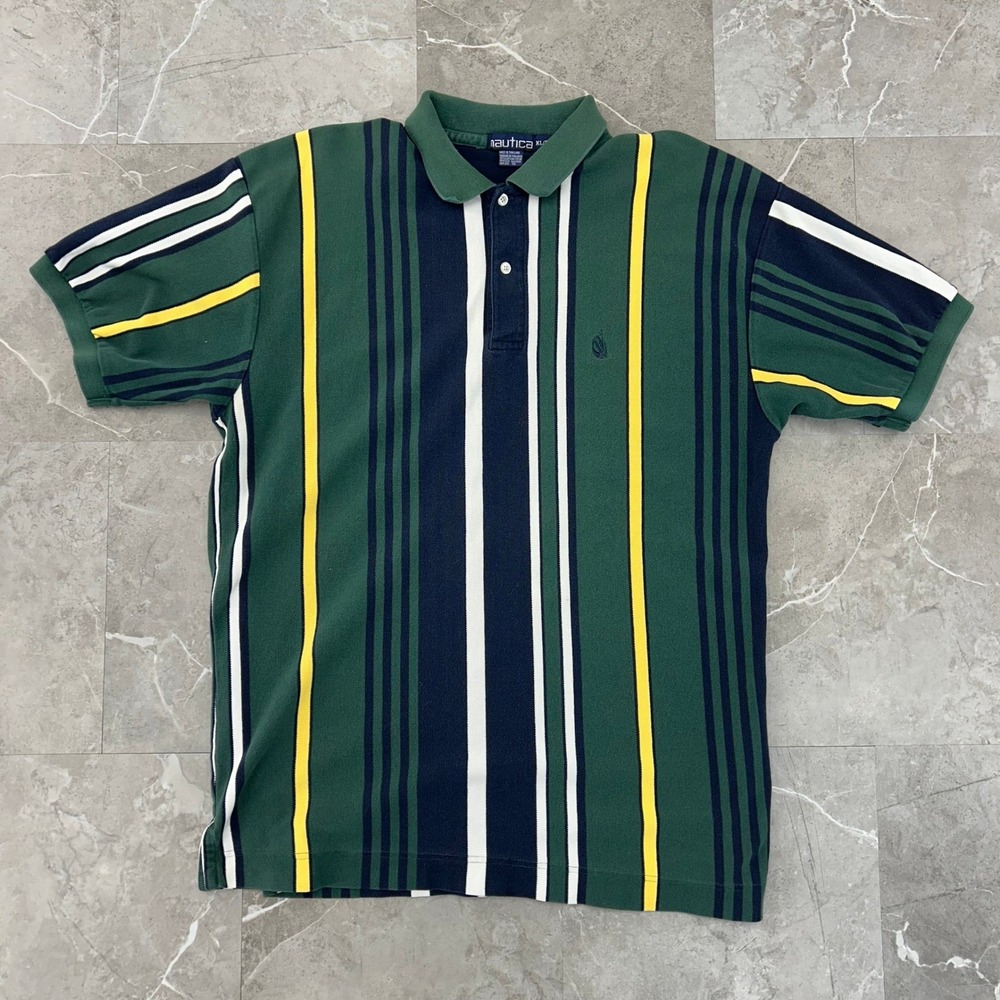 Vintage Nautica Polo Shirt Mens XL Short Sleeve Striped Casual Blue Green Yellow